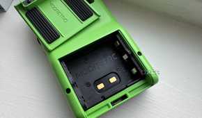 modretro chromatic in leaf color showing the battery connectors for the upcoming rechargeable battery pack