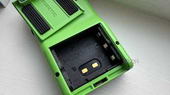 modretro chromatic in leaf color showing the battery connectors for the upcoming rechargeable battery pack