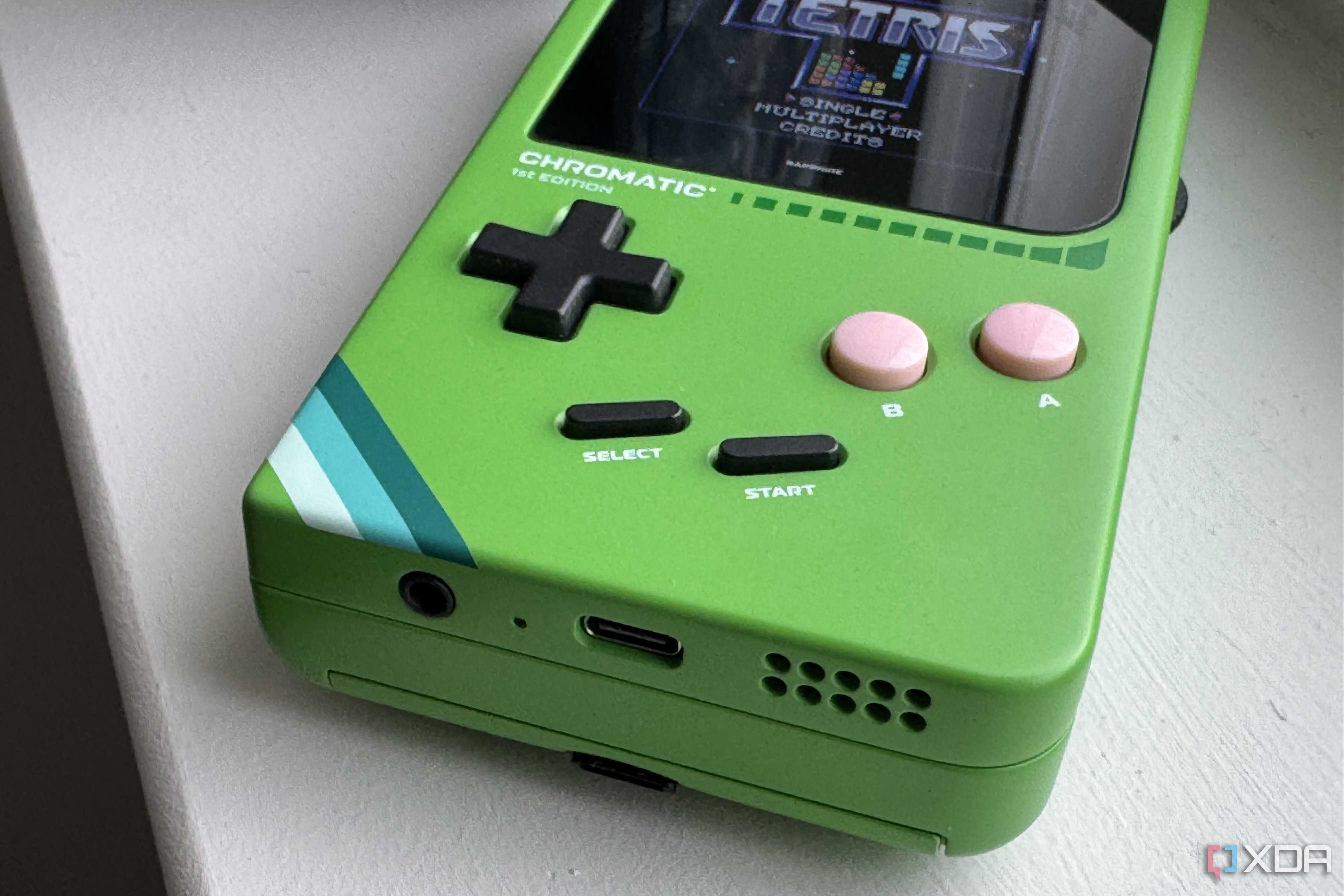 modretro chromatic in leaf color showing the usb-c and 3.5mm ports and the speaker
