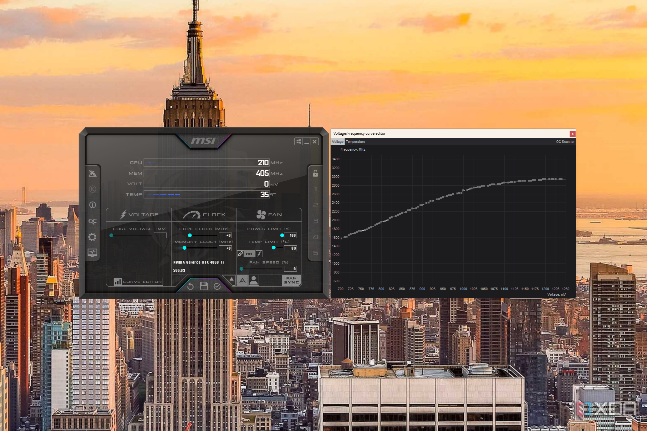 Screenshot of MSI Afterburner next to the voltage curve editor