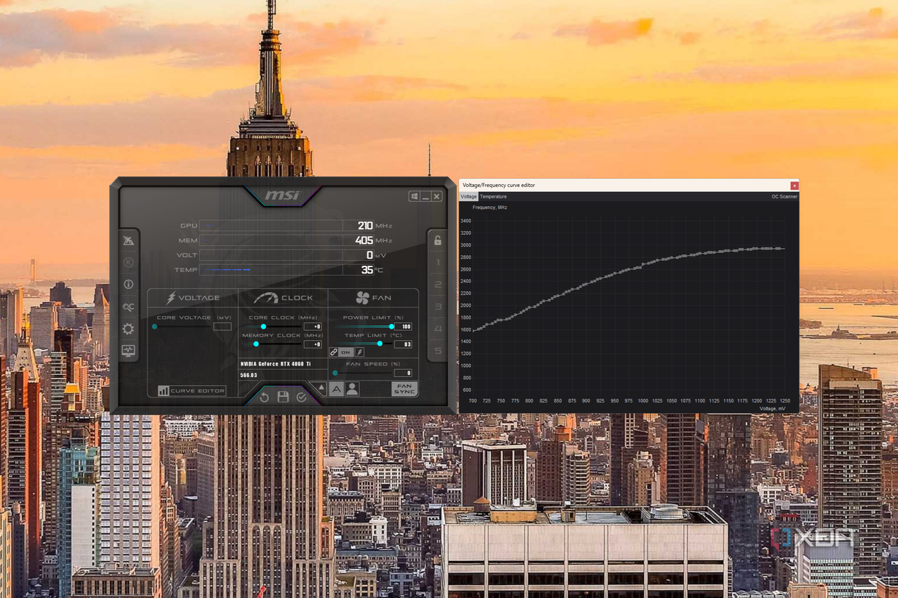 Screenshot of MSI Afterburner next to the voltage curve editor