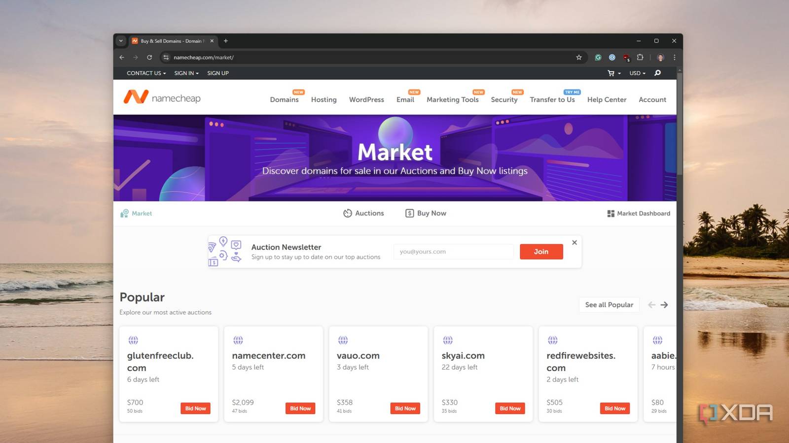 namecheap url auction website shown on chrome browser