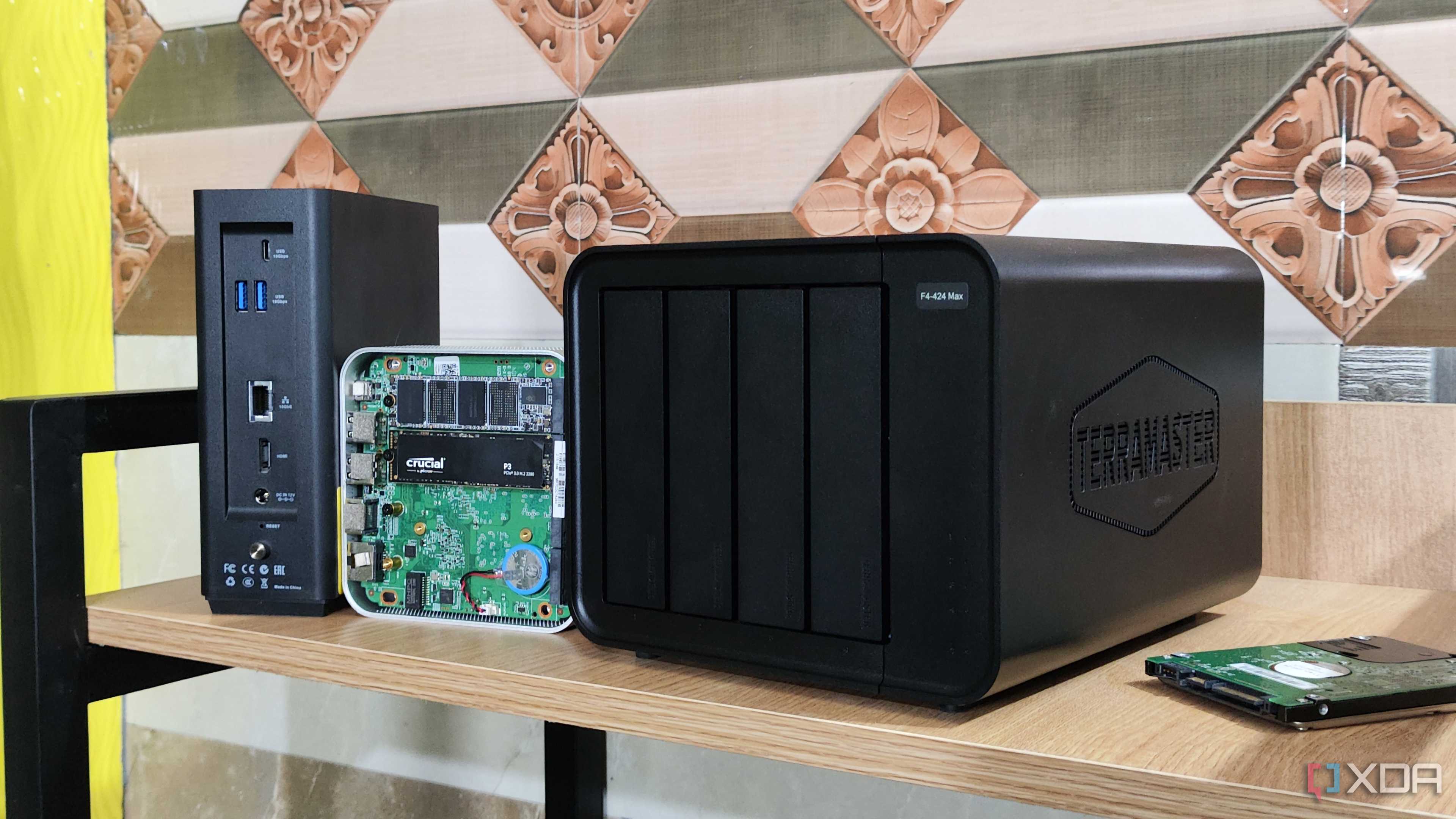 A TerraMaster F8 SSD Plus, a TerraMaster F4-424 Max, and an Aiffro K100 NAS