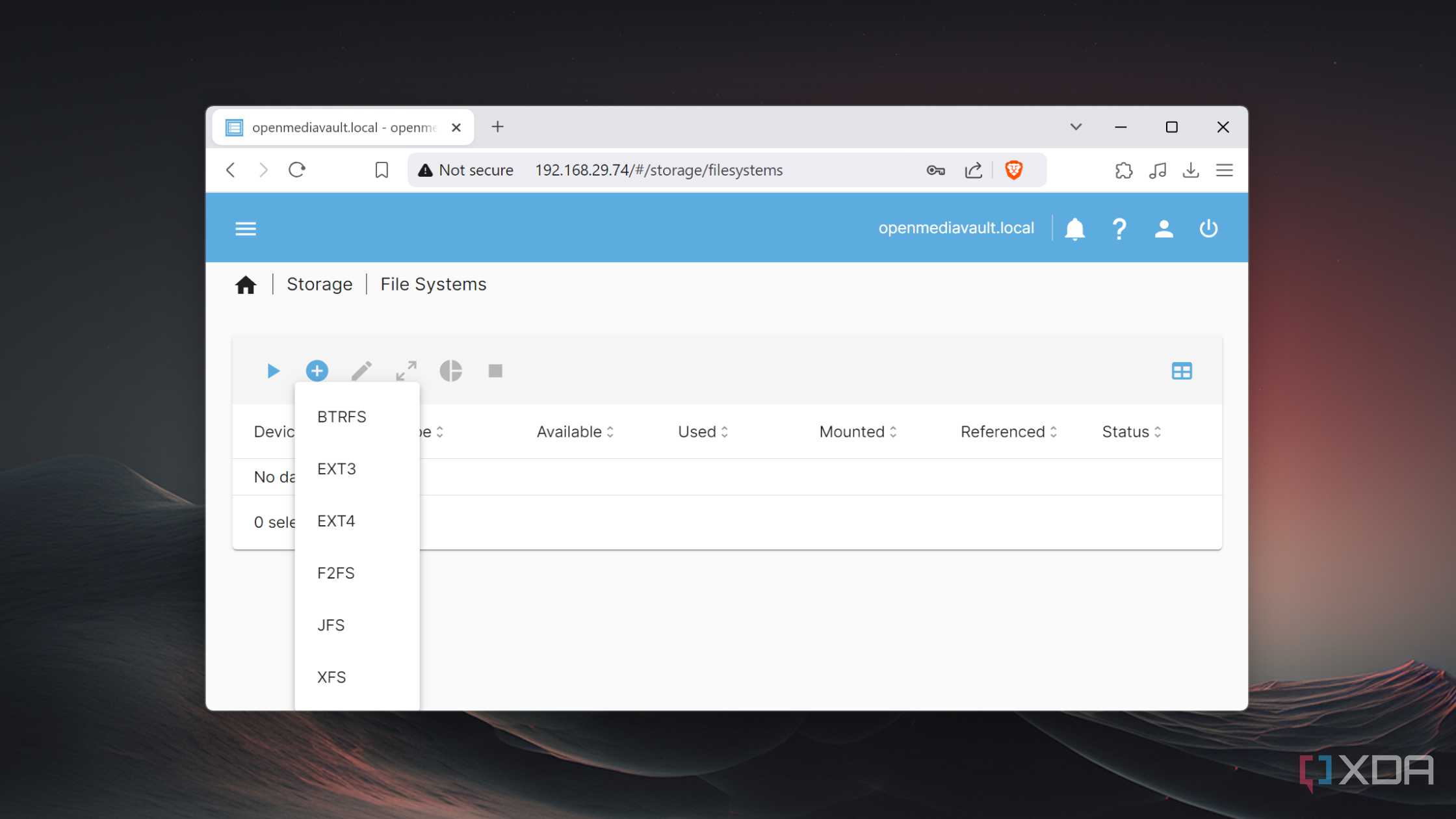 The file systems available in OpenMediaVault