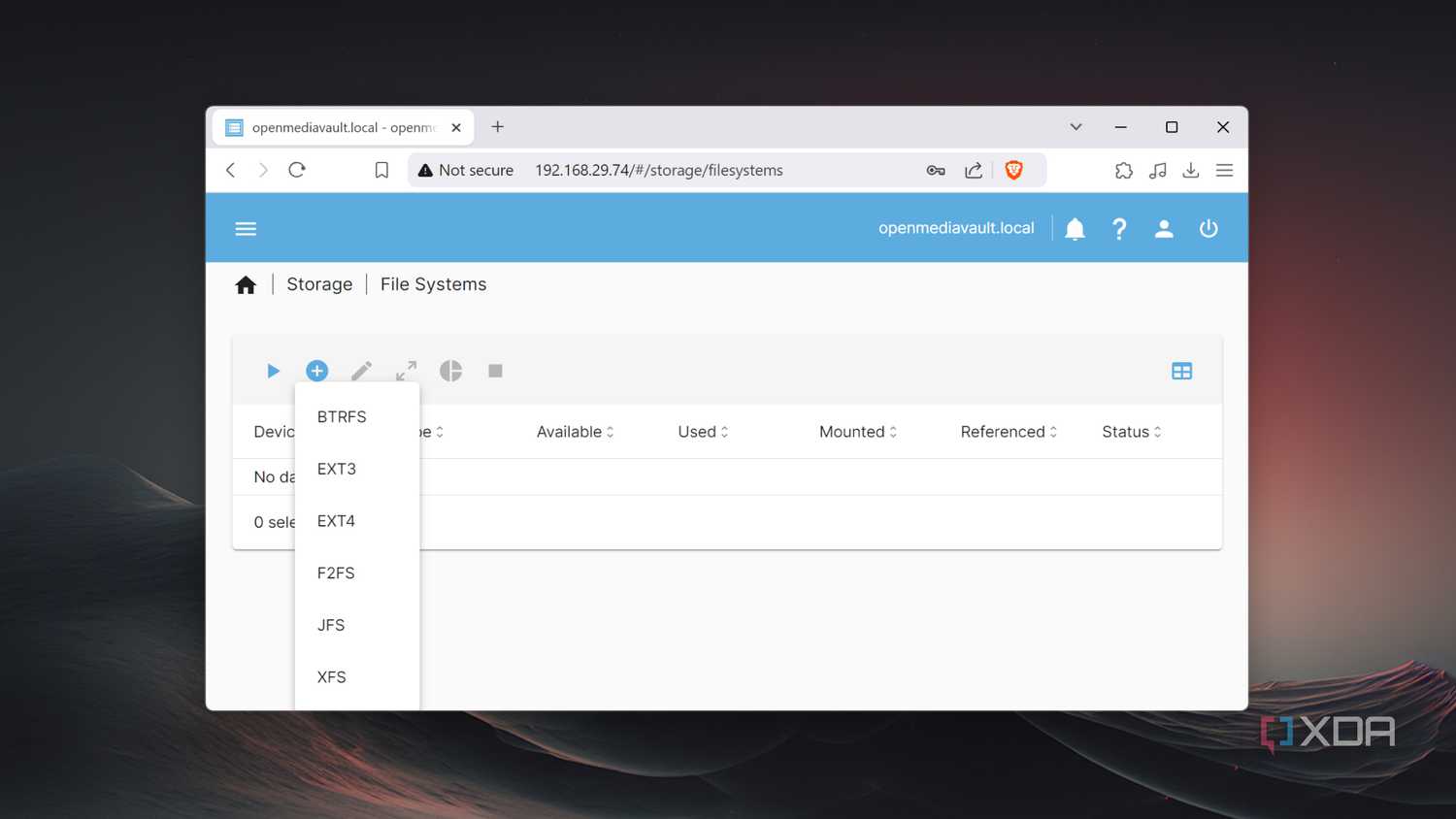 The file systems available in OpenMediaVault