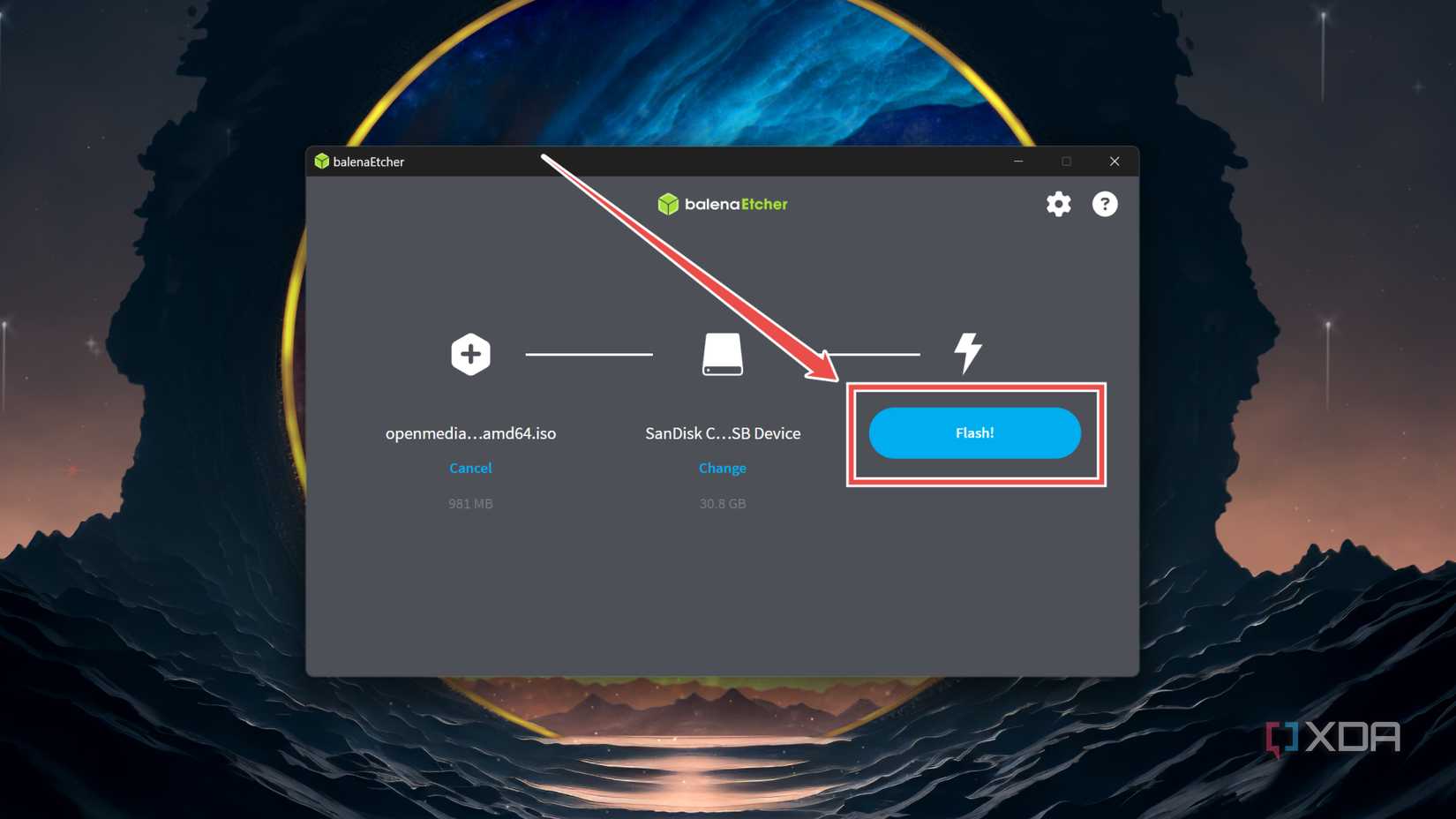 Flashing the OpenMediaVault ISO onto a flash drive using Balena Etcher