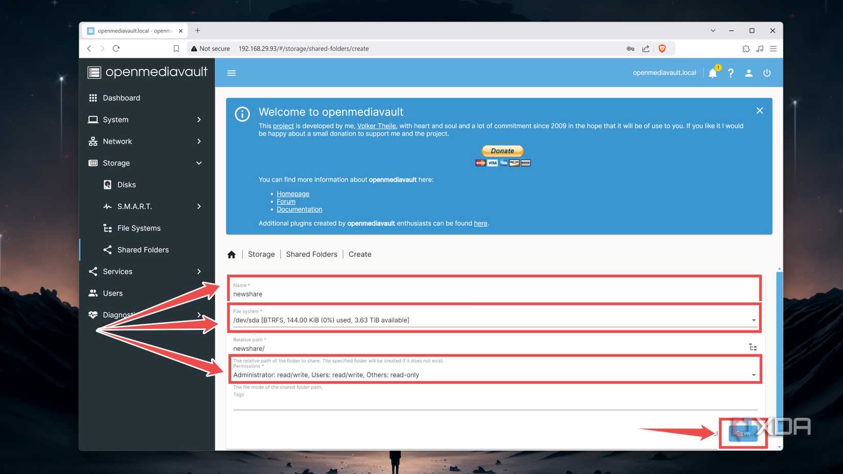 Configuring a Shared Folder in the OpenMediaVault web UI