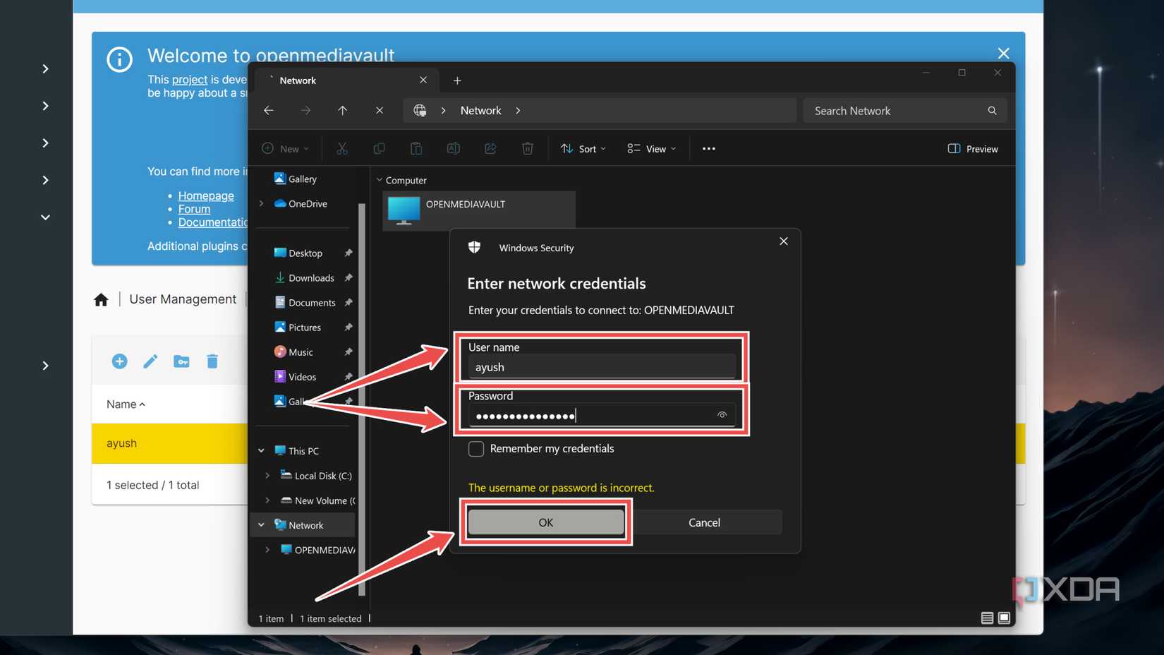 Entering the Username and Password of the OMV NAS
