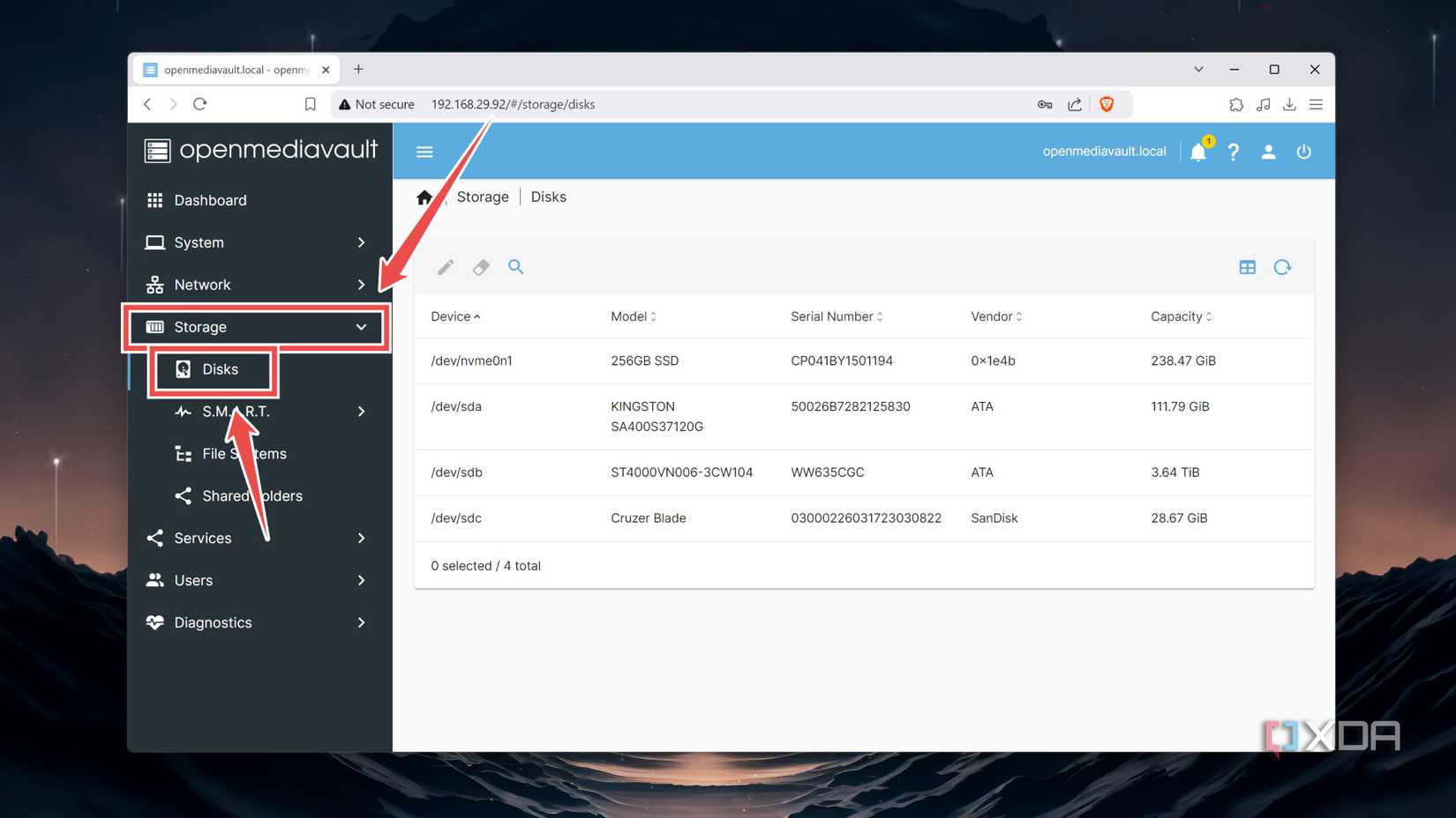 The Storage tab inside the OpenMediaVault web UI
