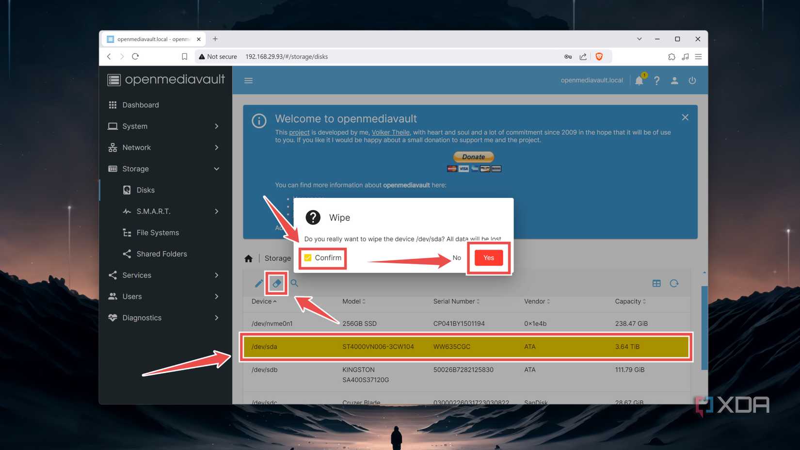 Wiping a disk in the OpenMediaVault web UI