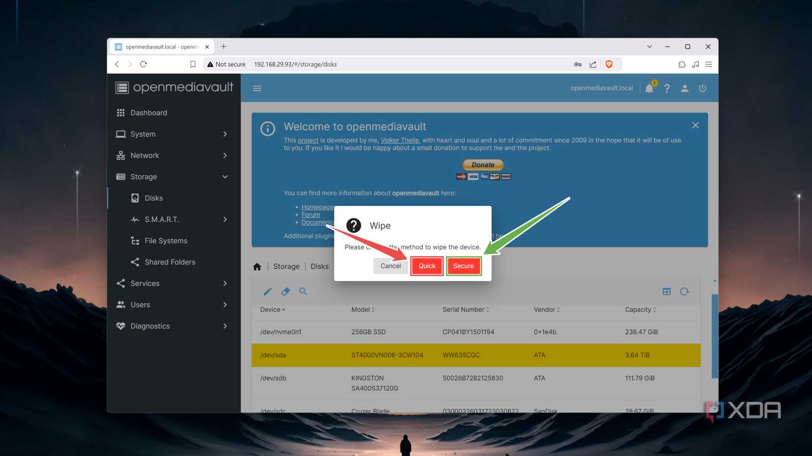 Confirming the Wipe method in the OpenMediaVault web UI