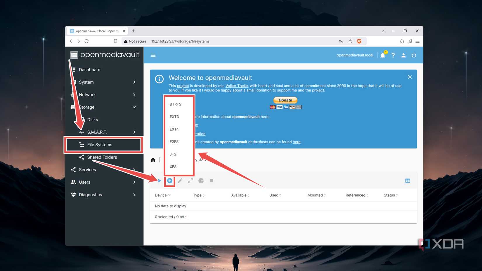 Choosing the File system in the OpenMediaVault web UI