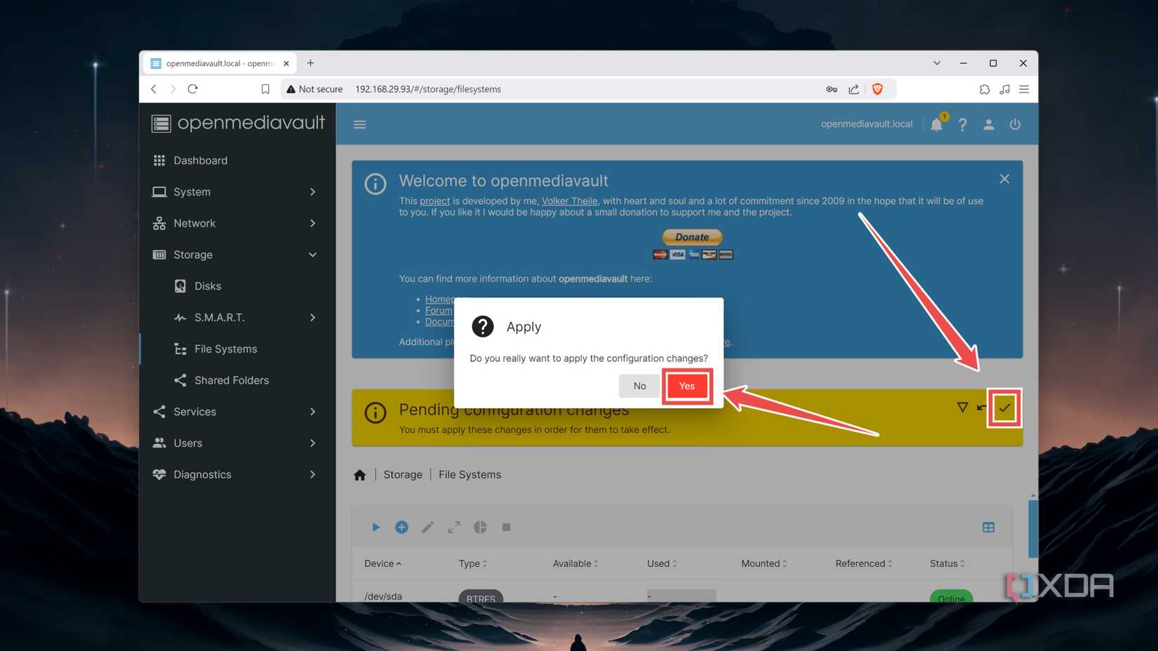 Applying the changes made to the OpenMediaVault web UI
