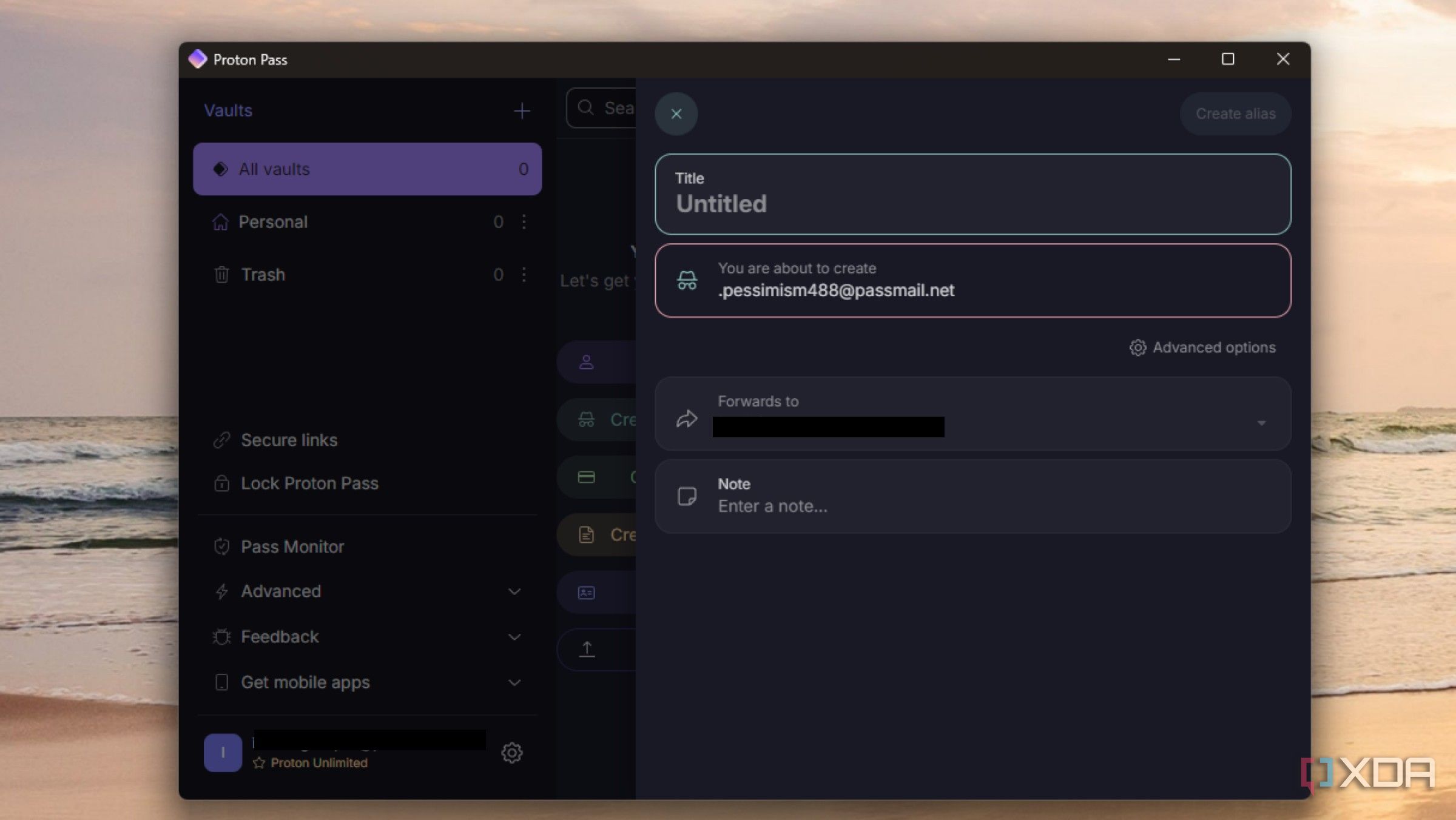 proton pass app creating an email alias to use on an online service