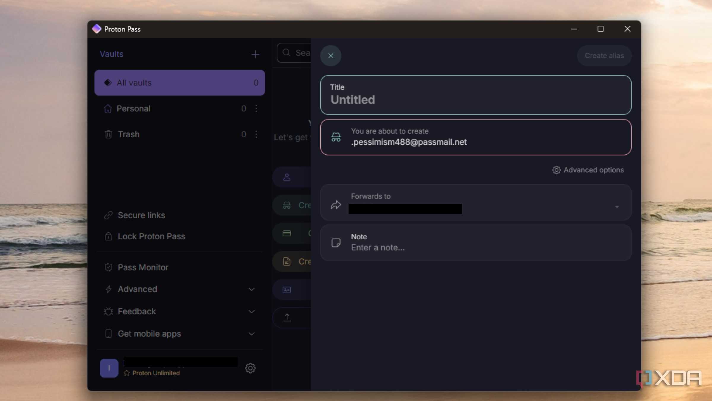 proton pass app creating an email alias to use on an online service