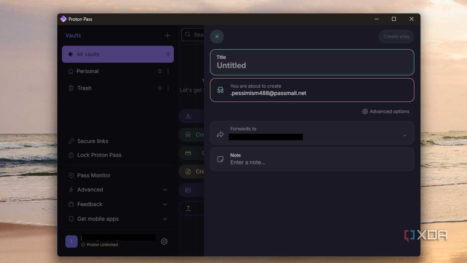 proton pass app creating an email alias to use on an online service
