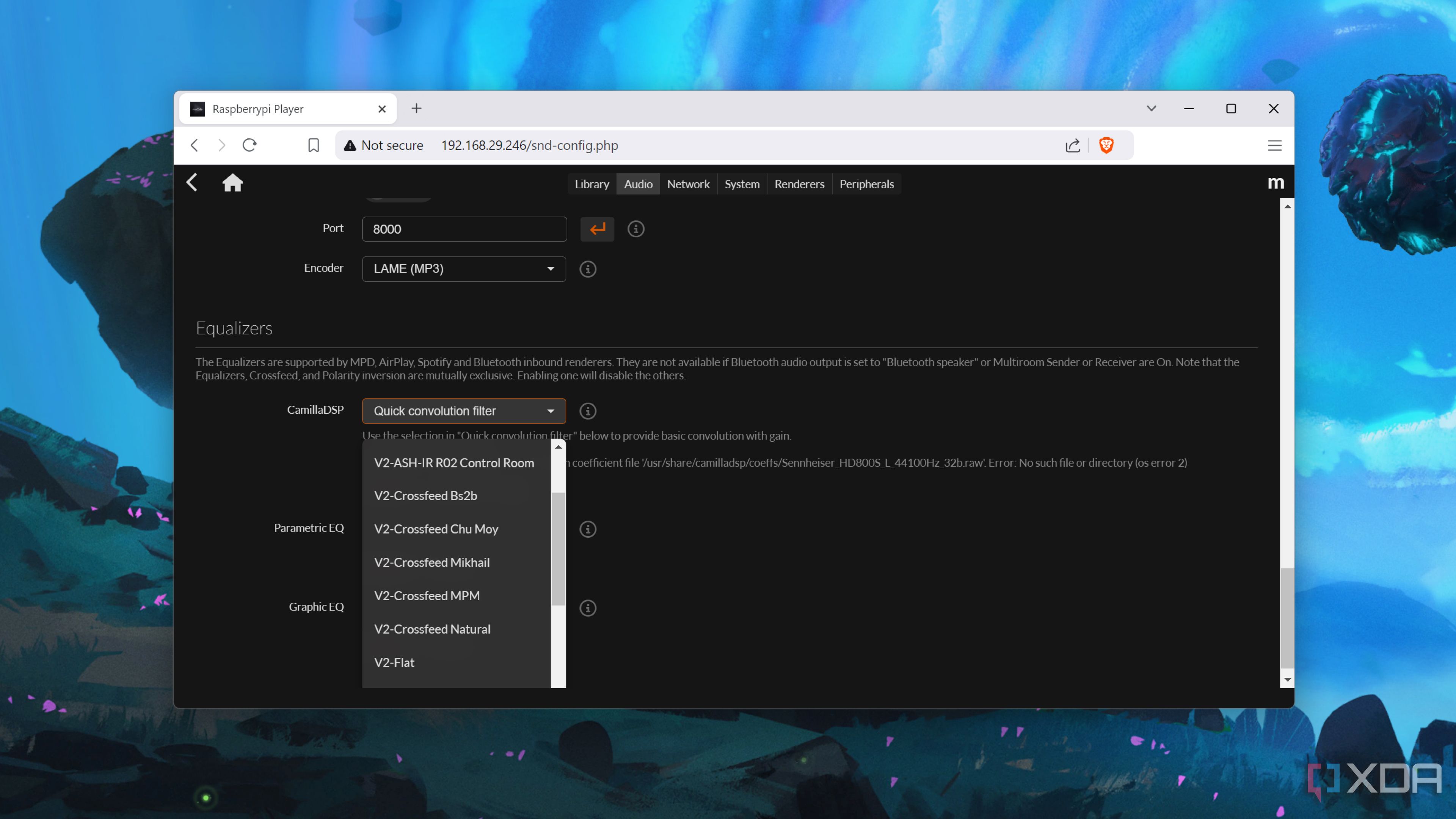 The CamillaDSP tab in the moOde Audio web UI