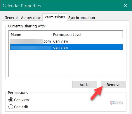 Screenshot showing how to remove contacts from your shared calendar in Outlook 365