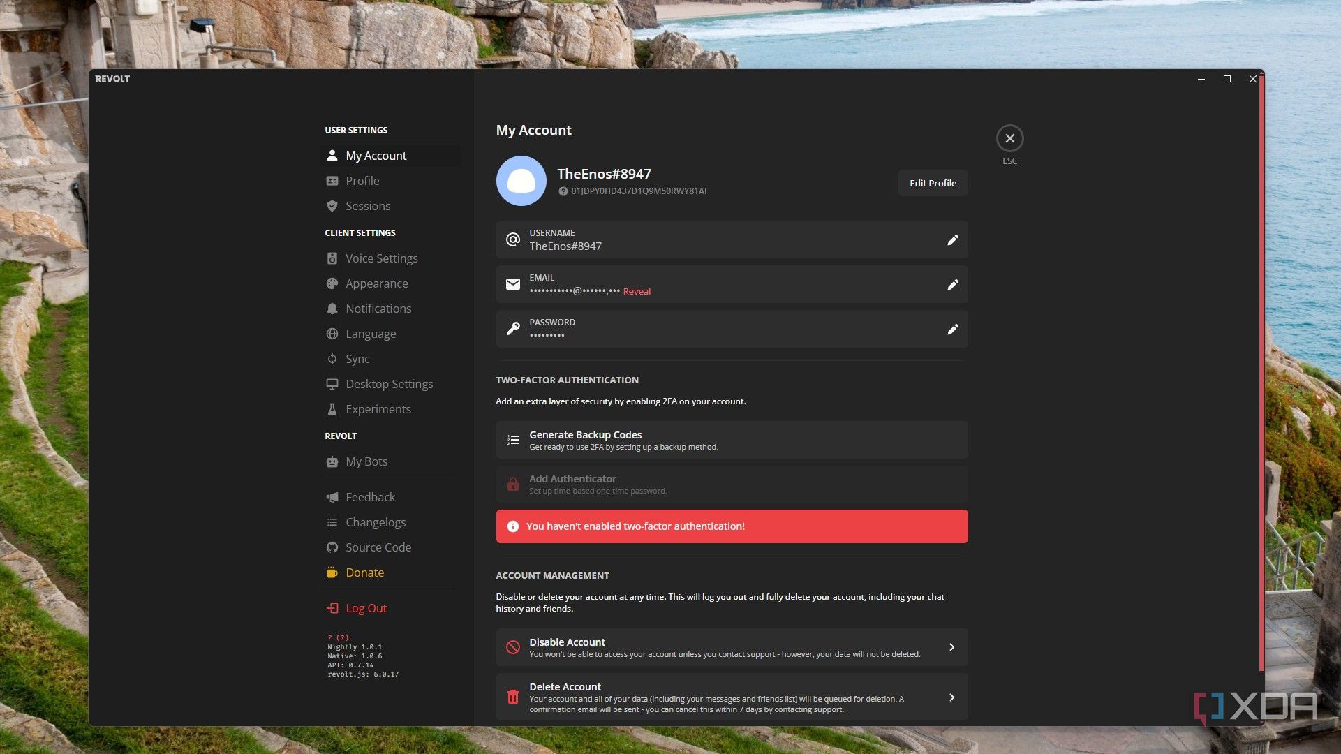 image of the revolt settings tab