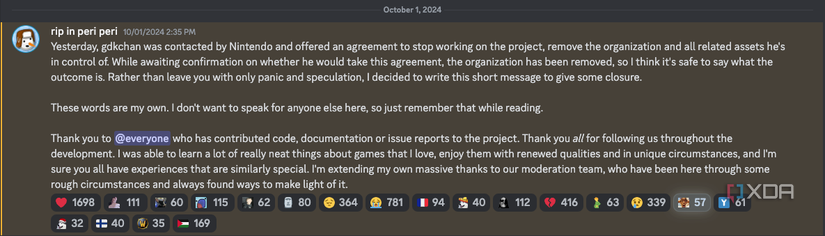 Announcement on Discord that Ryujinx is shutting down