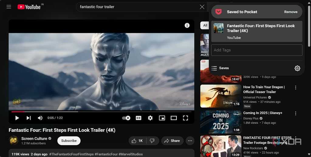 Saving a YouTube video to Pocket