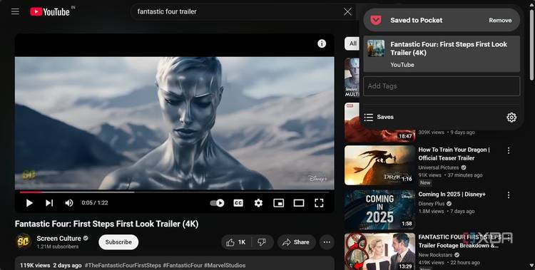 Saving a YouTube video to Pocket