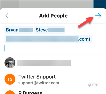 Screenshot showing how to tap the arrow button after choosing contacts to share your Outlook caldendar from the mobile app