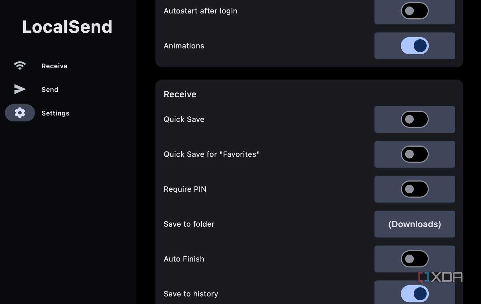 Settings page on LocalSend