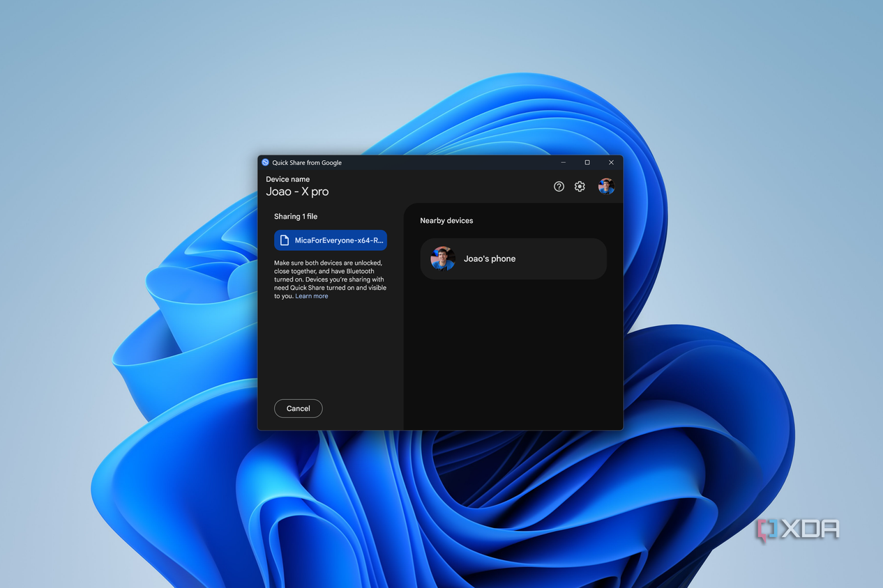 Screenshot of Quick Share from Google while sharing a file with other devices