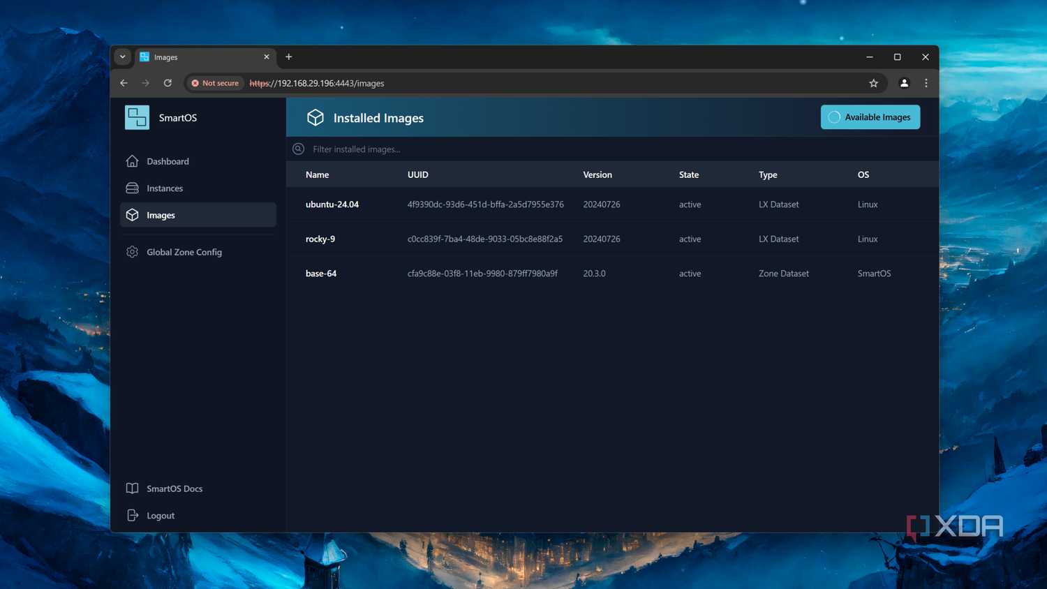 The installed images section in SmartOS