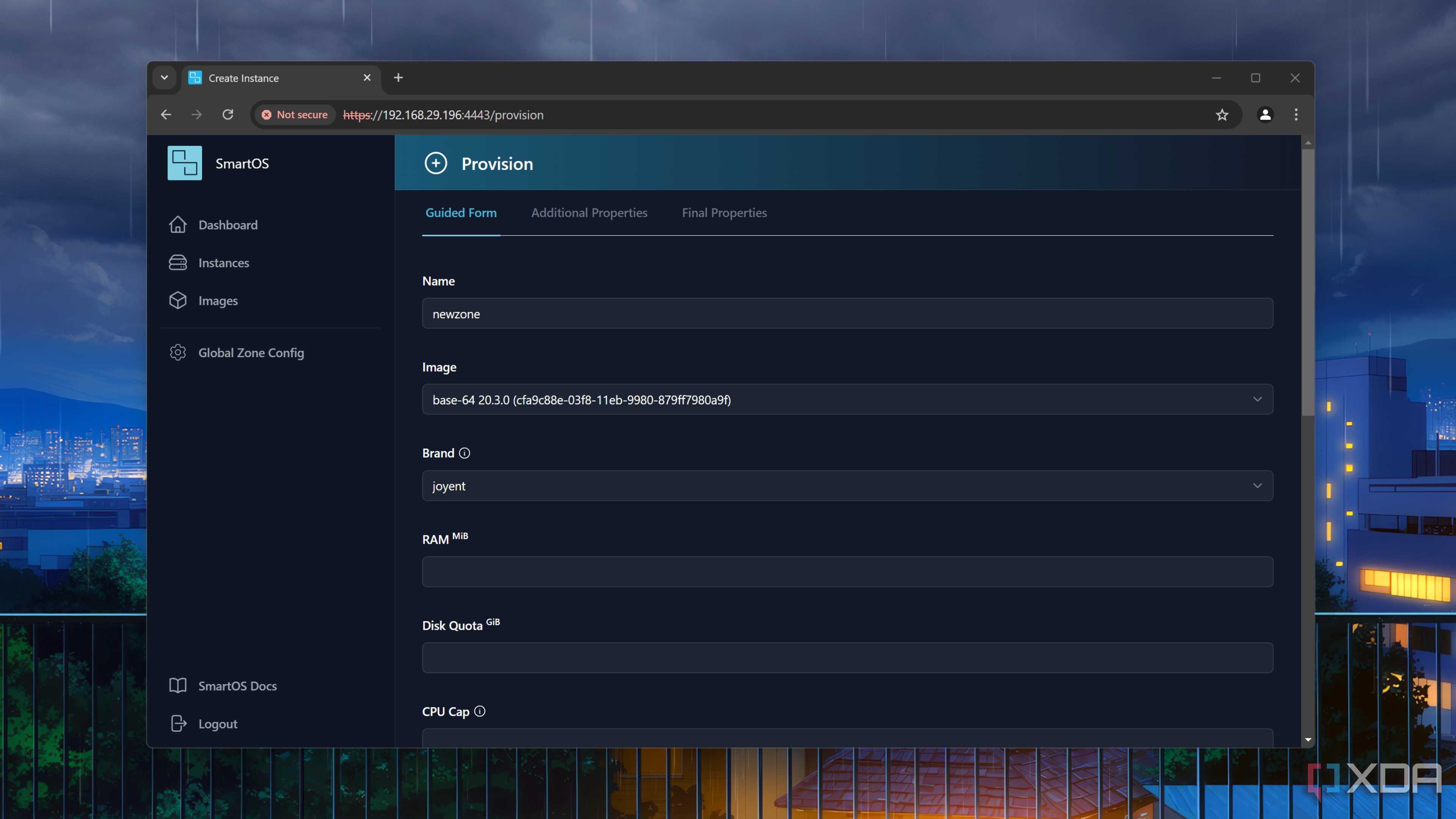 The Provision tab in SmartOS