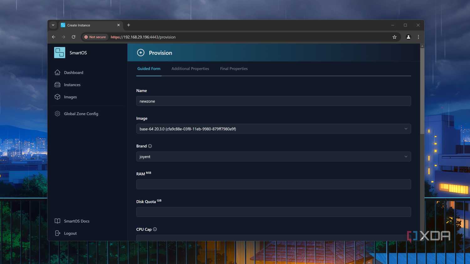 The Provision tab in SmartOS