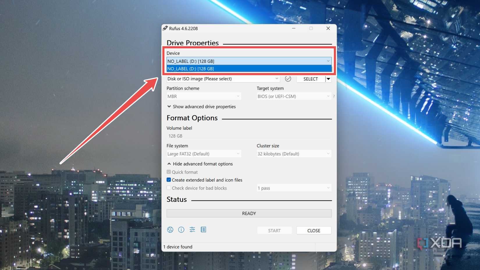 Selecting the Device inside Rufus 