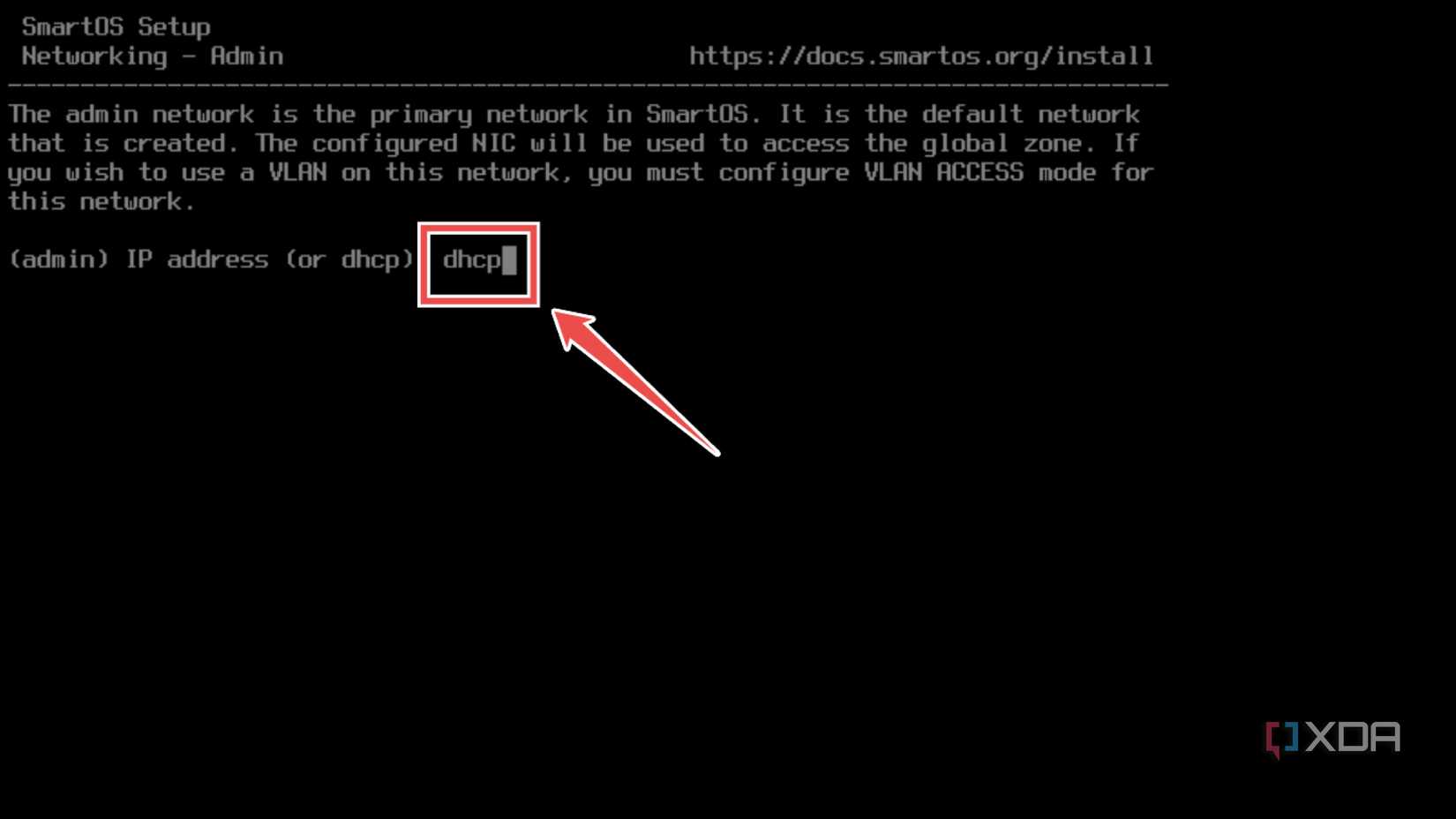 Entering dhcp in the SmartOS installation wizard