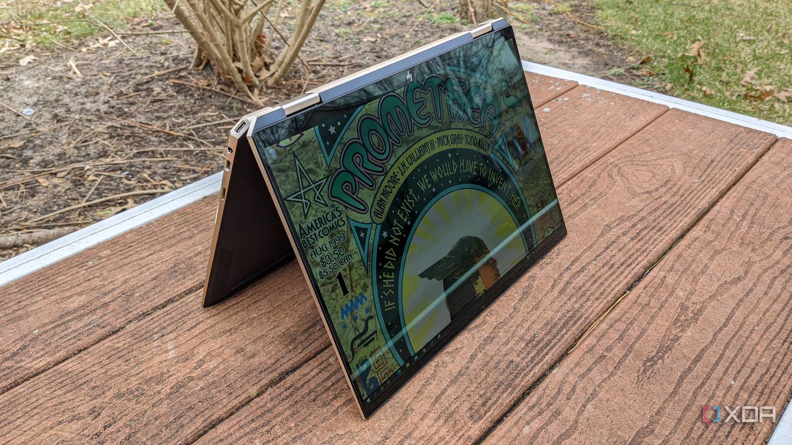 An HP Spectre x360 14 in tent mode