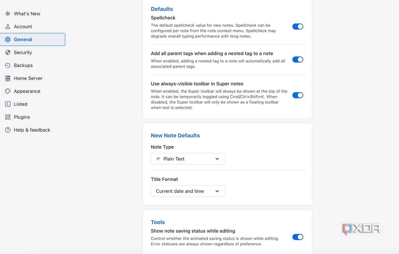 Standard Notes options