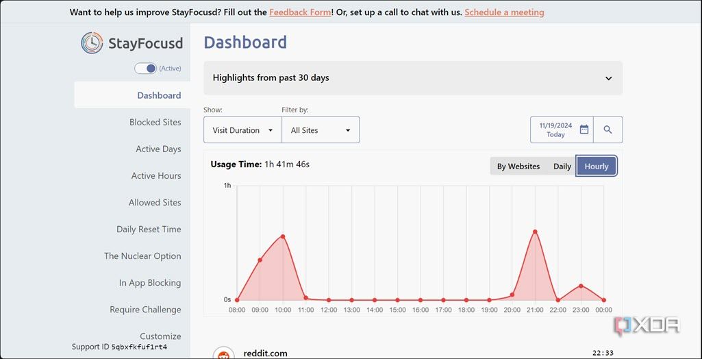 StayFocusd Hourly Usage Analytics