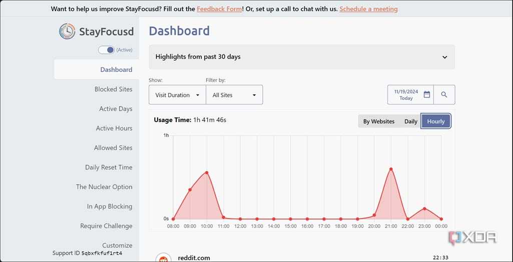 StayFocusd Hourly Usage Analytics