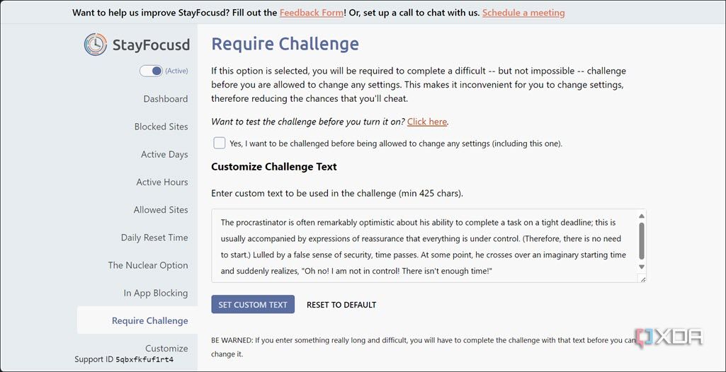 StayFocusd Require Challenge option