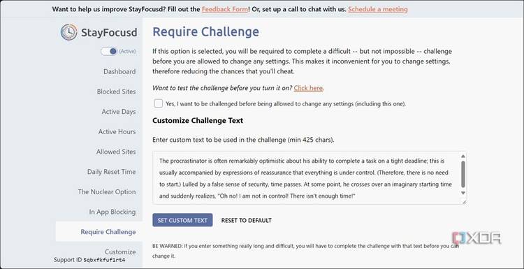 StayFocusd Require Challenge option