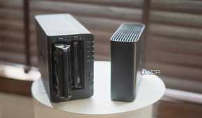 Synology Beestation vs NAS drive showing drive tray placed on a table
