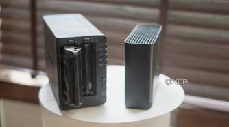 Synology Beestation vs NAS drive showing drive tray placed on a table