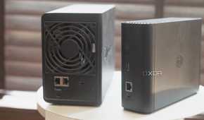 Synology Beestation vs NAS drive showing rear profile placed on table