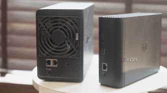 Synology Beestation vs NAS drive showing rear profile placed on table