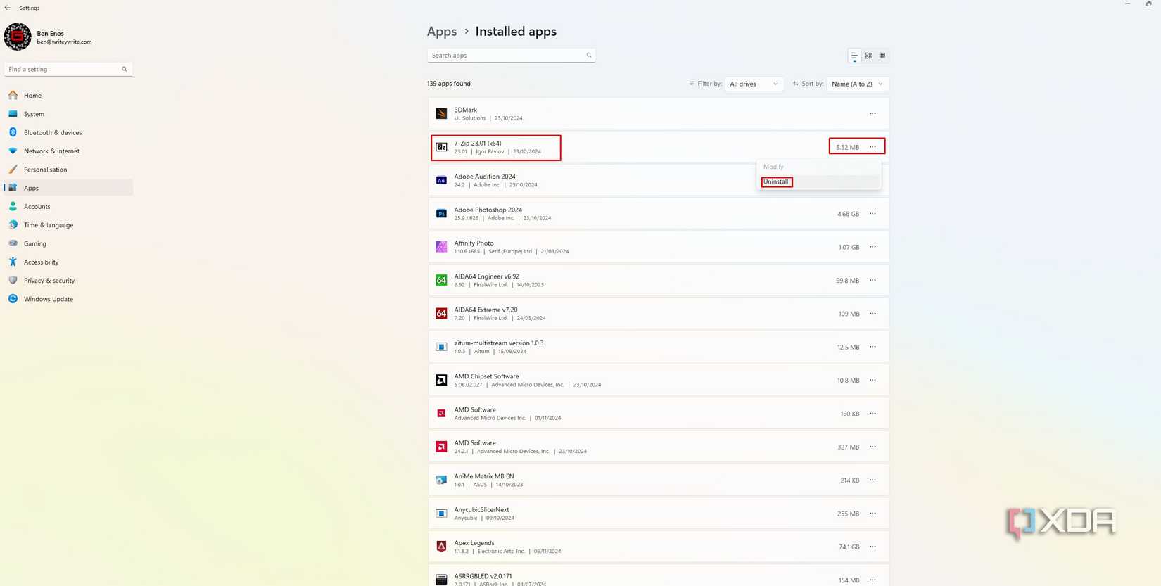image showing the unistalling apps option in installed apps