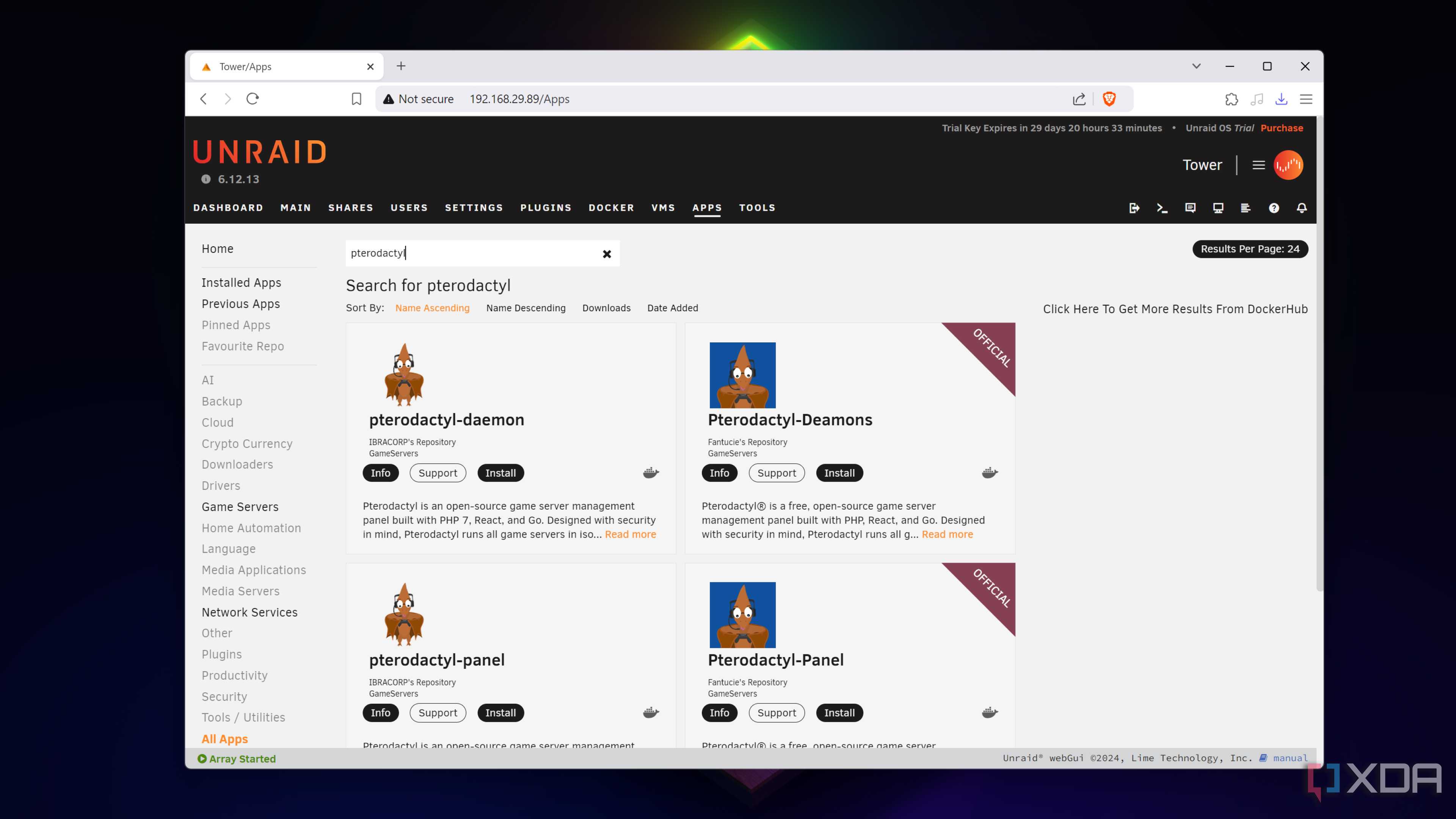 The Pterodactyl app in Unraid