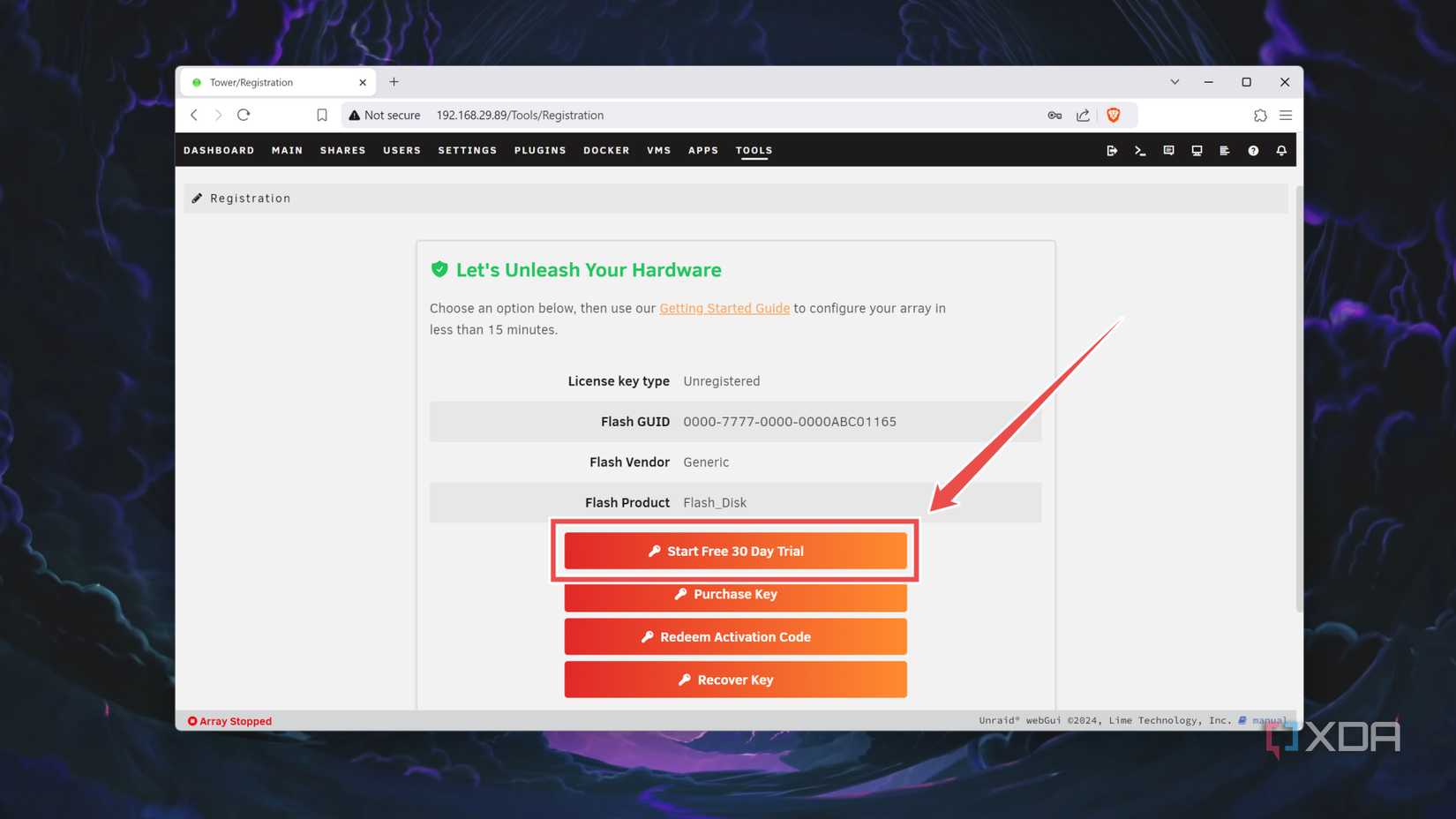 Starting the trial period on Unraid