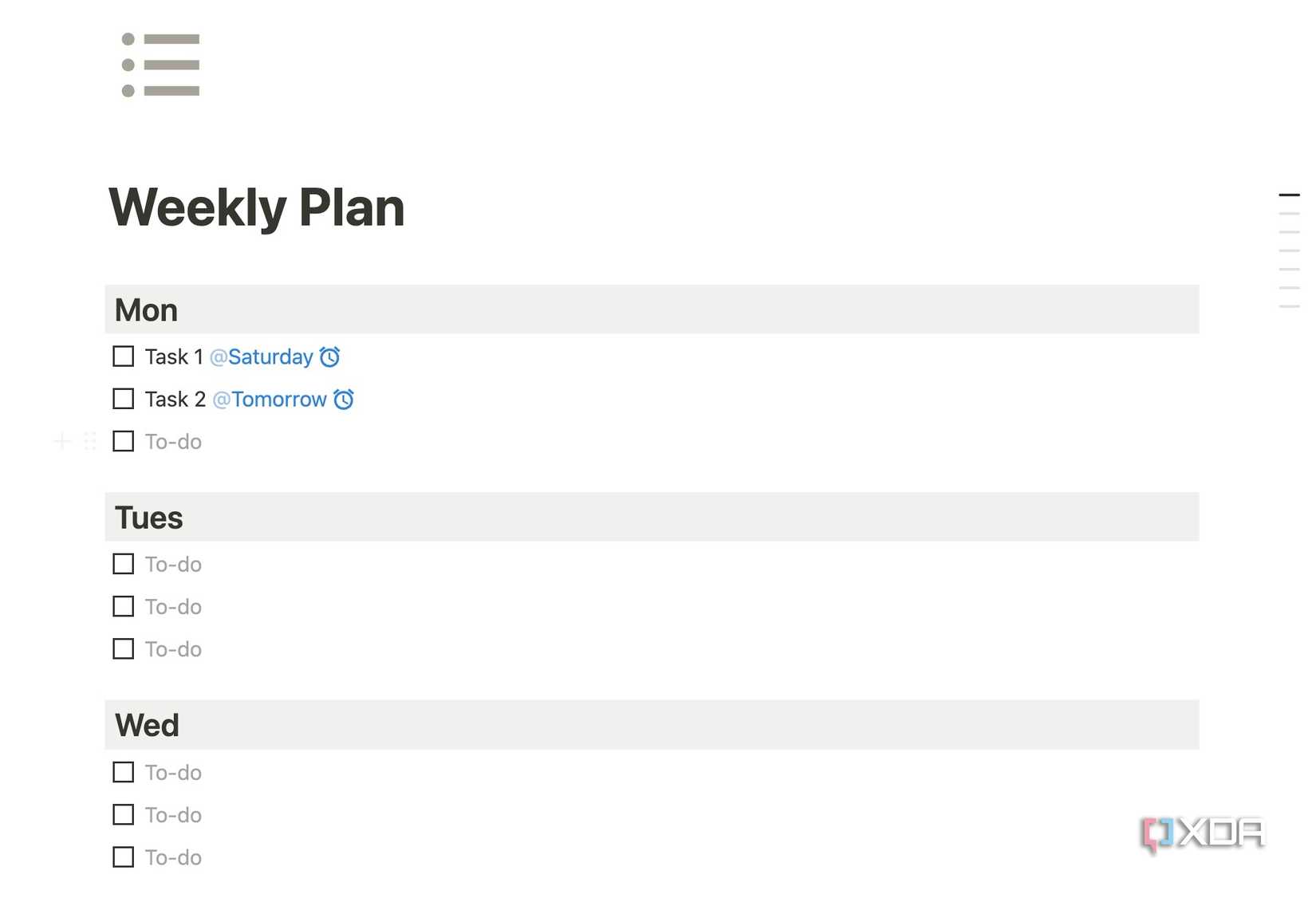 Notion weekly plan