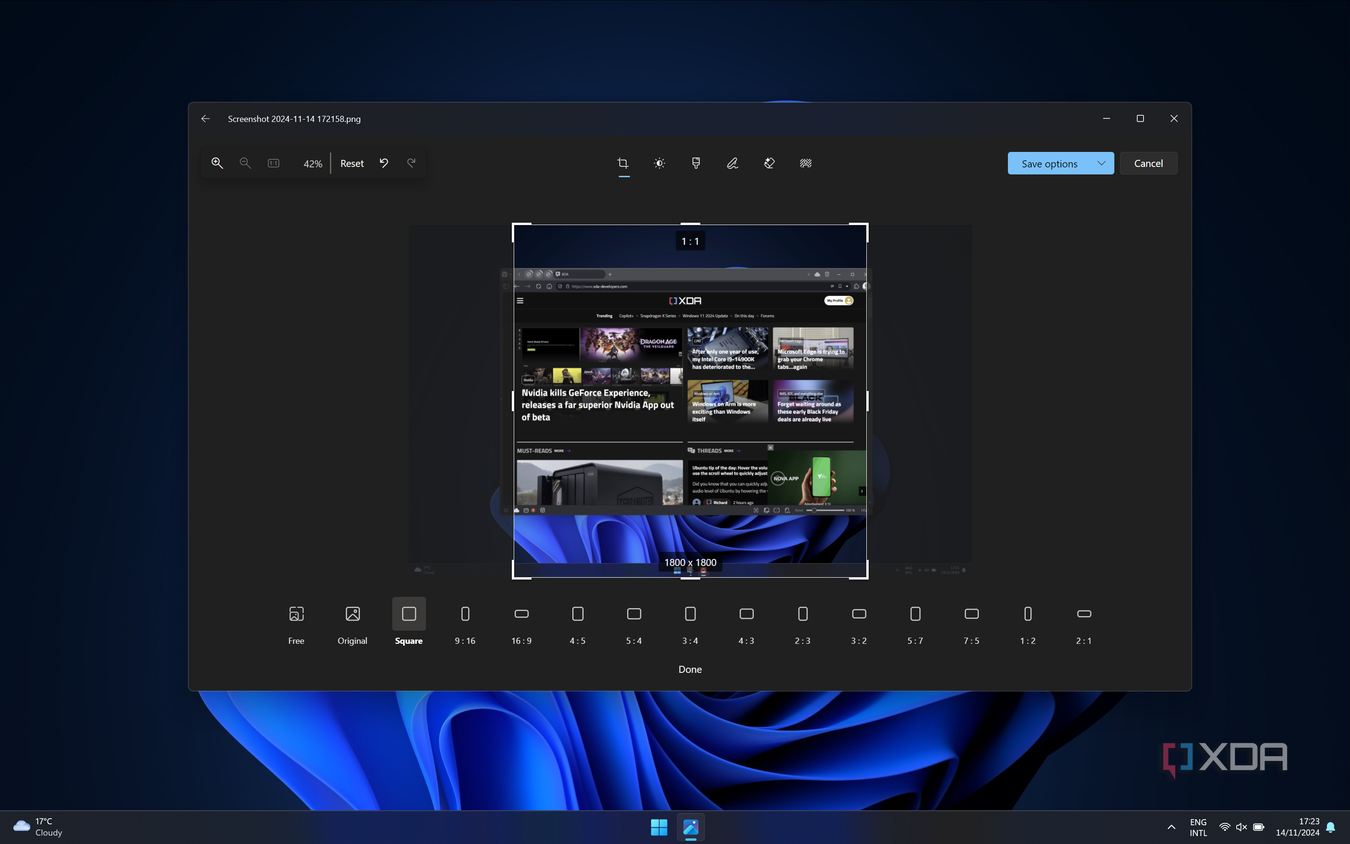 Screenshot of the Windows 11 Photos showing an image cropped to a squre aspect ratio