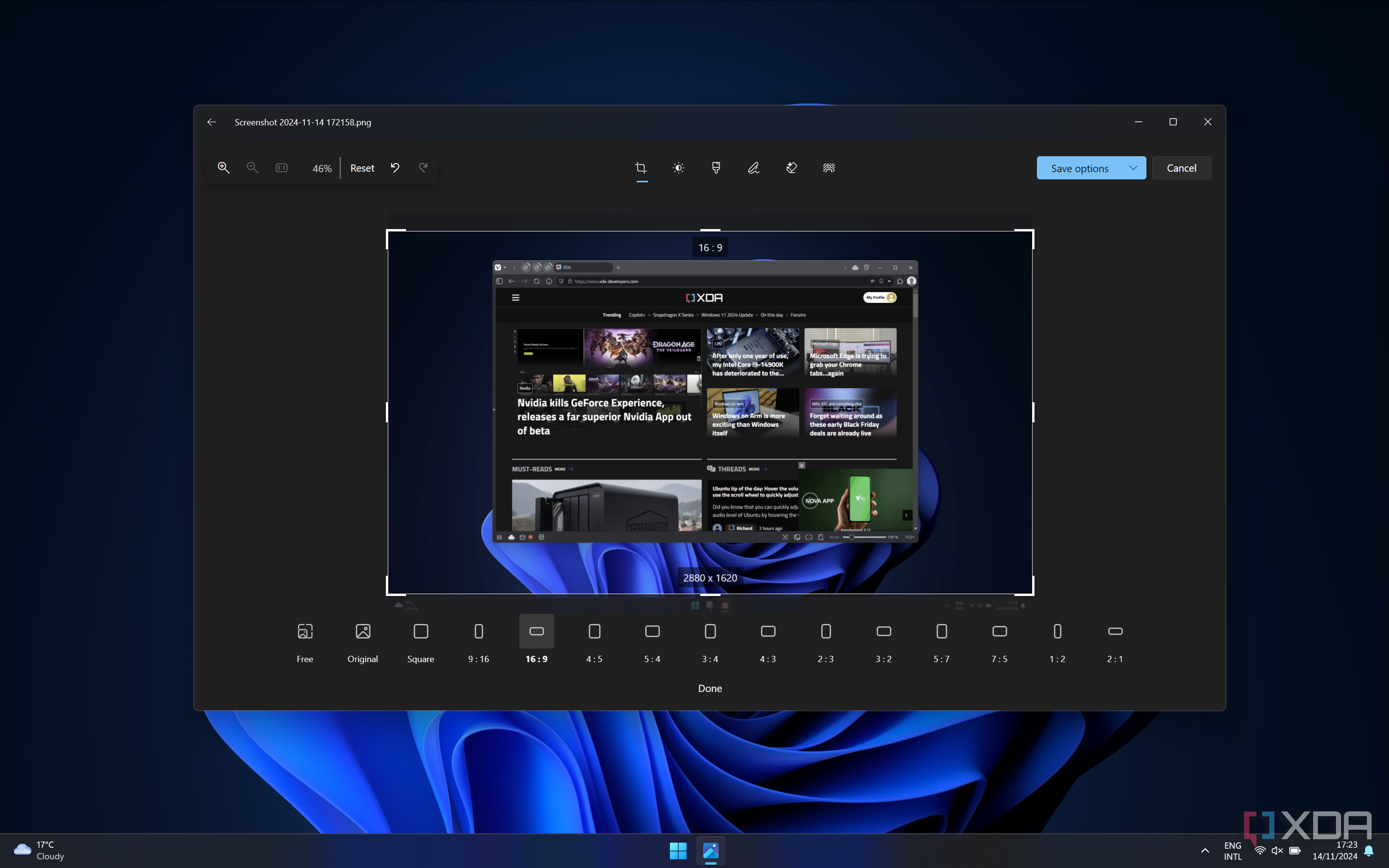 Screenshot of the Windows 11 Photos showing an image cropped to a 16 by 9 aspect ratio